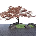 Arbor With Red Leaves Surrounded By Rocks Green Grass And Brick Pavement