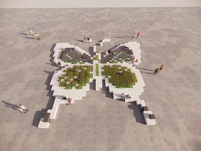 Butterfly Shaped Garden Landscape With Green Plants And People Relaxing 3d model