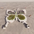 Butterfly Shaped Garden Landscape With Green Plants And People Relaxing