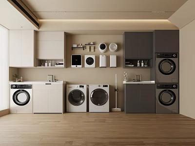 Modern Laundry Room Interior With Washing Machines Dryers Sink And Cabinets 3d model