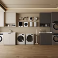 Modern Laundry Room Interior With Washing Machines Dryers Sink And Cabinets