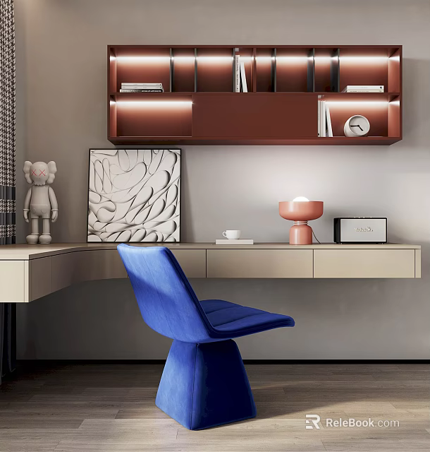 Stylish Desk Interior With Blue Chair Wall Shelf Books Clock And Decorative Art 3d model 
