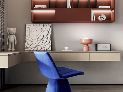 Stylish Desk Interior With Blue Chair Wall Shelf Books Clock And Decorative Art 3d model