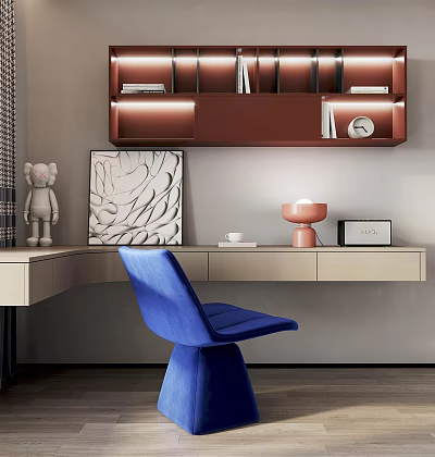 Stylish Desk Interior With Blue Chair Wall Shelf Books Clock And Decorative Art 3d model