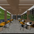 Hotel Public Lounge Interior With Wooden Wavy Ceiling Green Living Wall And Yellow White Chairs