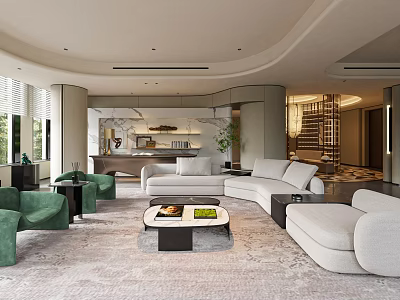 Elegant Modern Living Room Interior With Beige Sofas Green Chairs Coffee Table And Area Rug 3d model