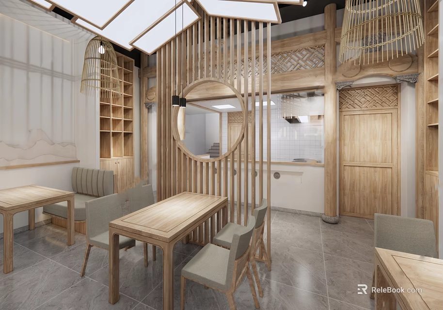 Chinese Restaurant Interior With Wooden Tables Chairs Circular Arch And Bamboo Woven Pendant Lights 3d model 
