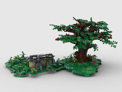 Detailed Lego Tree Model With Red Fruits Small Building And Green Grass 3d model