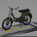 Classic Vintage Beige Leading Motorcycle With Black Seat On Gray Yellow Striped Platform