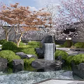 Japanese Karesansui Rock Garden With Cherry Blossom Trees Stone Paths Rocks And Grass Lawn