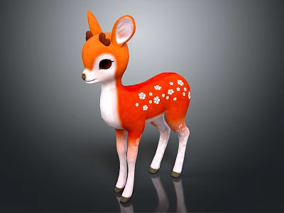 Cute Orange Stuffed Deer with White Spots and Brown Antlers in Dark Background 3d model