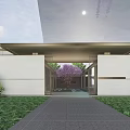 Modern Sales Office Building Featuring Glass Curtain Wall Water Feature And Outdoor Seating Area