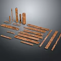 Wooden And Stone Pieces In Various Shapes And Sizes Neatly Displayed On Gray Background