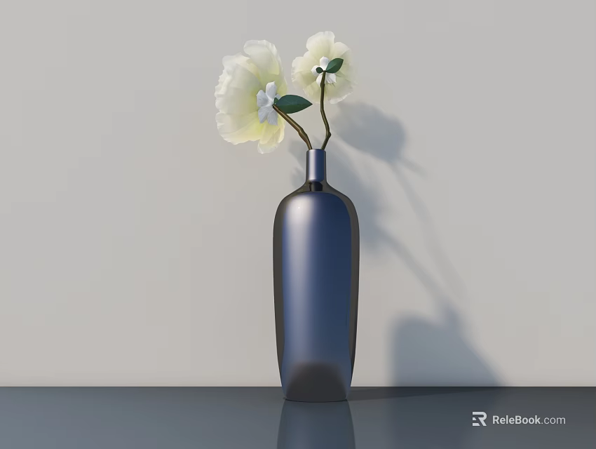 Blue Vase With White Flowers On Dark Table Against Light Wall Background 3d model