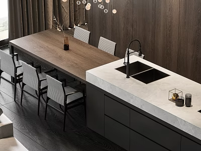 Modern Dining Table Set With Wooden Top Matching Chairs And Marble Countertop 3d model
