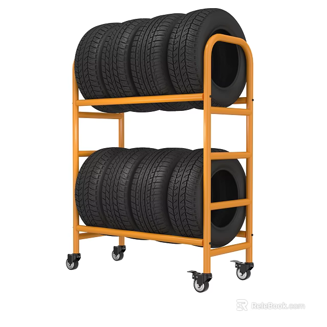 Mobile Heavy Duty Shelf with Stacked Tires for Garage Storage and Movement 3d model 