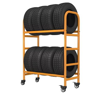 Mobile Heavy Duty Shelf with Stacked Tires for Garage Storage and Movement 3d model