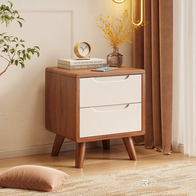 Wooden Bedside Table With Two White Drawers Brown Frame Alarm Clock Books And Yellow Flowers 3d model 