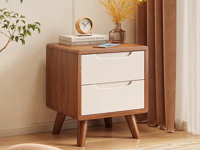 Wooden Bedside Table With Two White Drawers Brown Frame Alarm Clock Books And Yellow Flowers 3d model