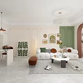 Modern Living and Dining Room Interior With White Sofa Green Walls Chandelier Decorative Paintings