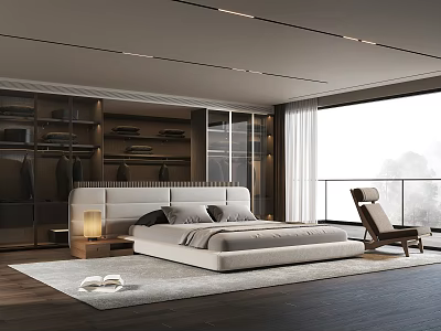 Modern Bedroom Interior With Large Bed Open Wardrobe Accent Chair And Floor to Ceiling Window 3d model