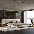 Modern Bedroom Interior With Large Bed Open Wardrobe Accent Chair And Floor to Ceiling Window