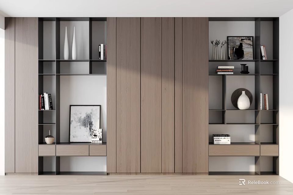 Modern Wooden Bookcase With Open Shelves Books Photo Frame And Decorations 3d model 