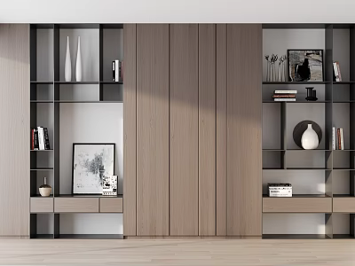 Modern Wooden Bookcase With Open Shelves Books Photo Frame And Decorations 3d model