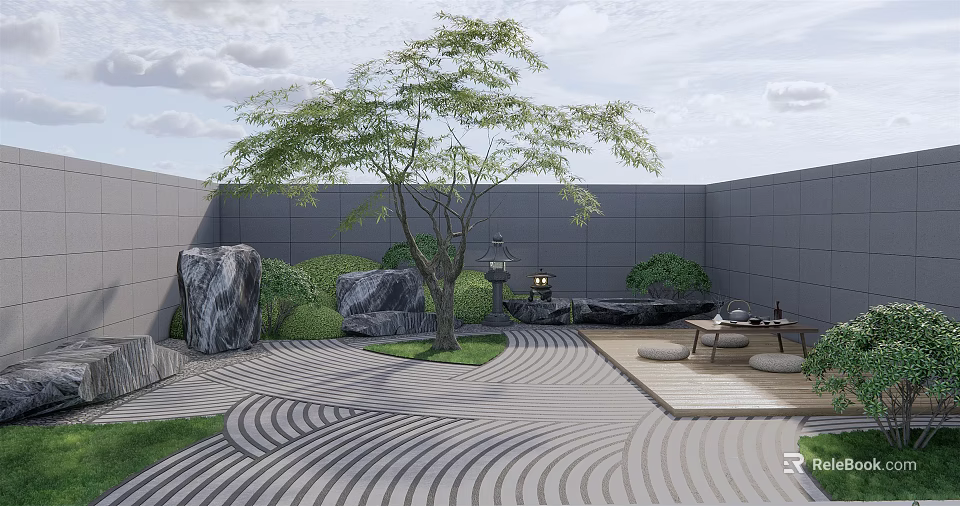 Courtyard Garden With Gray Walls Wavy Flooring Green Tree Large Rocks And Wooden Platform 3d model 