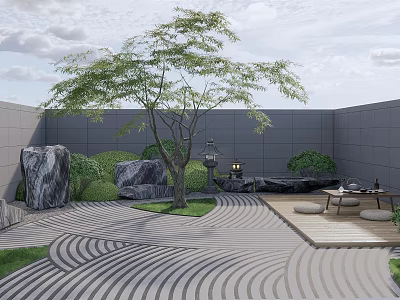 Courtyard Garden With Gray Walls Wavy Flooring Green Tree Large Rocks And Wooden Platform 3d model