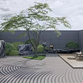 Courtyard Garden With Gray Walls Wavy Flooring Green Tree Large Rocks And Wooden Platform