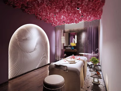 Luxurious SPA Sauna Room with Pink Petal Ceiling Arched White Wavy Wall and Wooden Floor 3d model