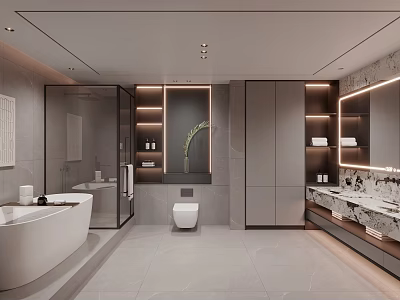 Modern Bathroom Interior Design With Bathtub Toilet Vanity Marble Countertop And Gray Cabinets 3d model