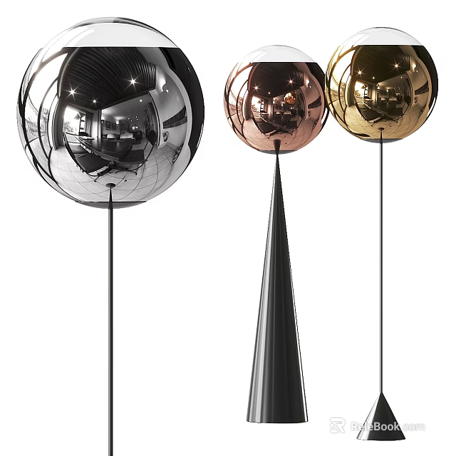 Spherical Floor Lamps In Three Colors Silver Rose Gold With Slim Black Pole Modern Design 3d model 
