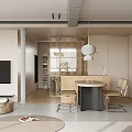 Modern Living Dining Room Interior Design With Open Layout Sofa Counter Stools And Bicycle Decor
