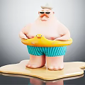 Plump Man With White Hat And Sunglasses Holding Yellow Rubber Duck Float On Wooden Base