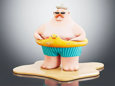 Plump Man With White Hat And Sunglasses Holding Yellow Rubber Duck Float On Wooden Base 3d model