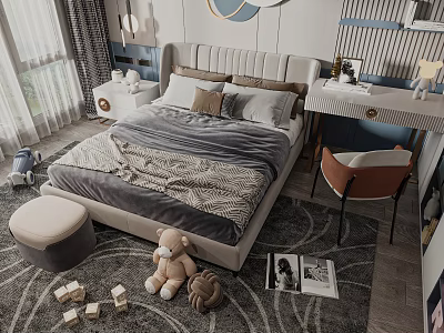 Comfortable Children's Bed With Gray Beige Quilt Pillows Stuffed Toys And Desk Chair 3d model