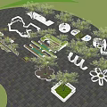 Creative Landscape Seats Design With Trees Greenery And Pathway In Park 3d model