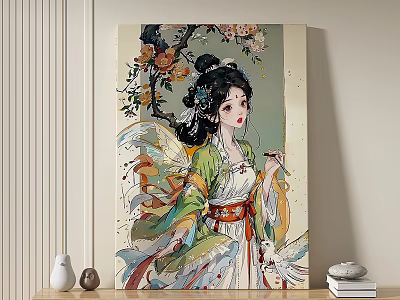 Ancient Chinese Beauty In Traditional Costume With Floral Elements Canvas Wall Art For Modern Interior 3d model