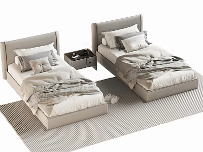 Modern Single Beds Interior With Cozy Pillows Blankets And Nightstand On Striped Rug 3d model
