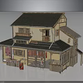 Traditional Japanese Two Story Building With Black Roof Wooden Shop Front And Red Stall