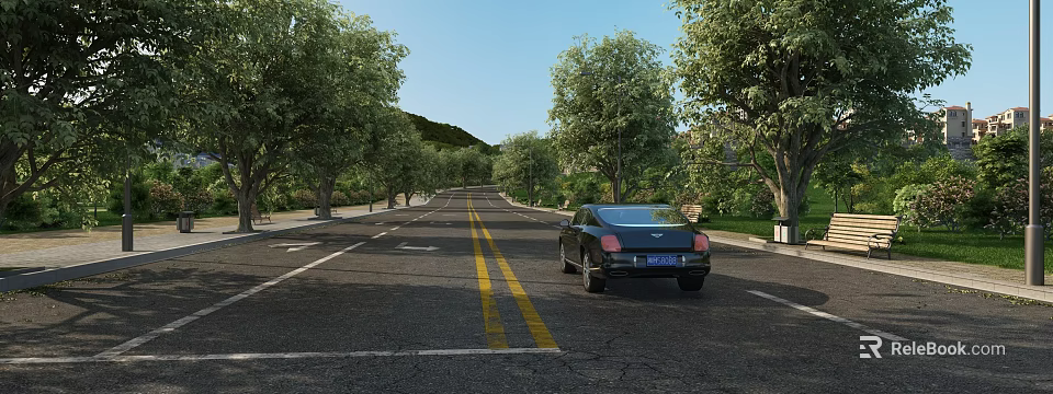 Municipal Road With Two Way Lanes Yellow Dividing Lines And Trees On Both Sides 3d model 