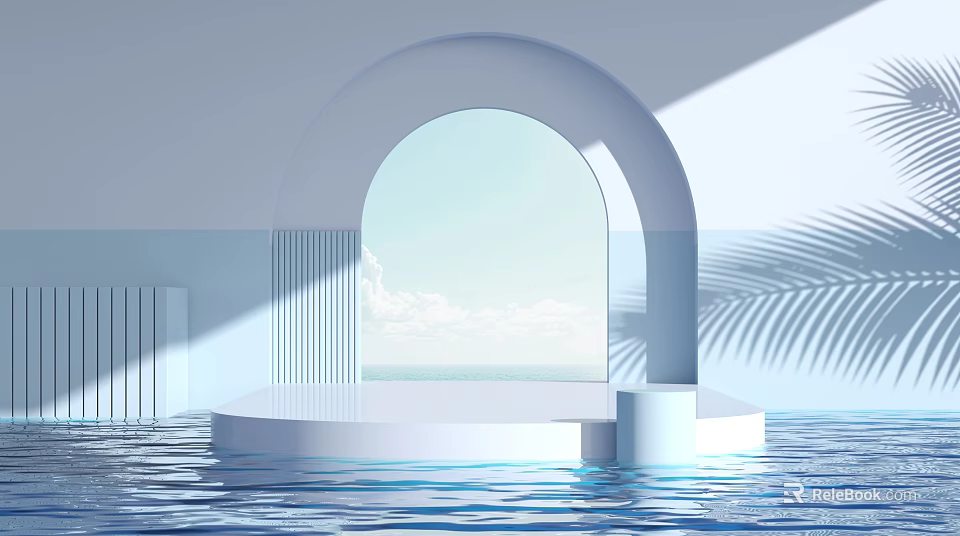 Modern Landscape Sculpture With Arched Structure White Platform Water Surface And Palm Leaf Shadows 3d model 