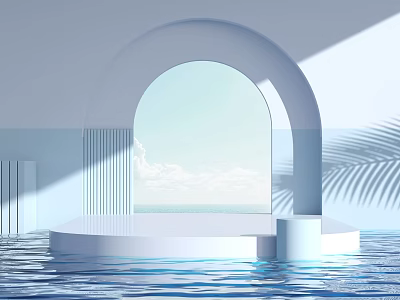 Modern Landscape Sculpture With Arched Structure White Platform Water Surface And Palm Leaf Shadows 3d model