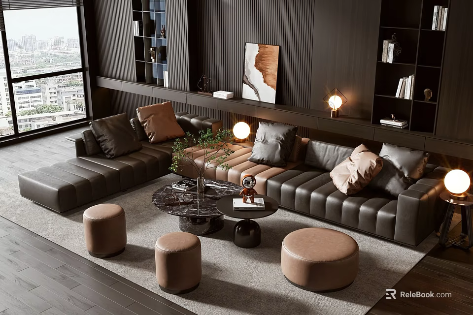 Modern Leather Sofa And Coffee Table Set With Round Footstools Bookshelves And City View 3d model 