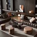 Modern Leather Sofa And Coffee Table Set With Round Footstools Bookshelves And City View