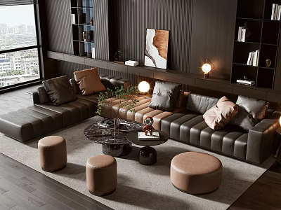 Modern Leather Sofa And Coffee Table Set With Round Footstools Bookshelves And City View 3d model