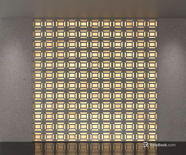 Geometric Light Transmitting Wall with Square Circular Grid Symmetrical Design Emitting Light Against Gray Background 3d model