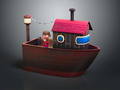 Cartoon Wooden Watercraft With Red Roof Blue Window And Figure On Board 3d model
